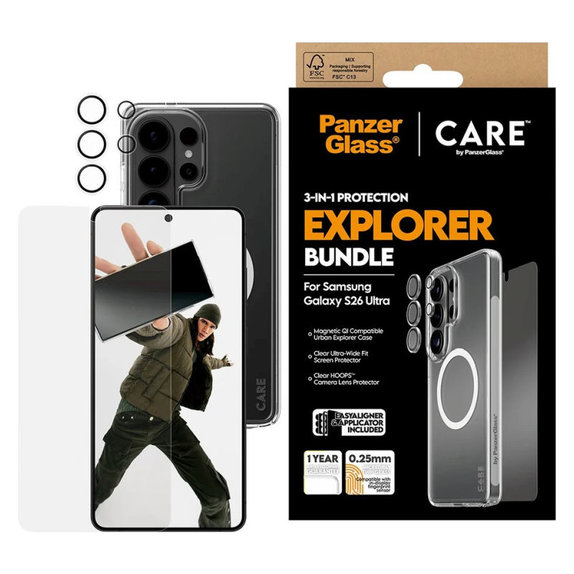 Bundle 3-en-1 Explorer pour Samsung S26 Ultra, PanzerGlass