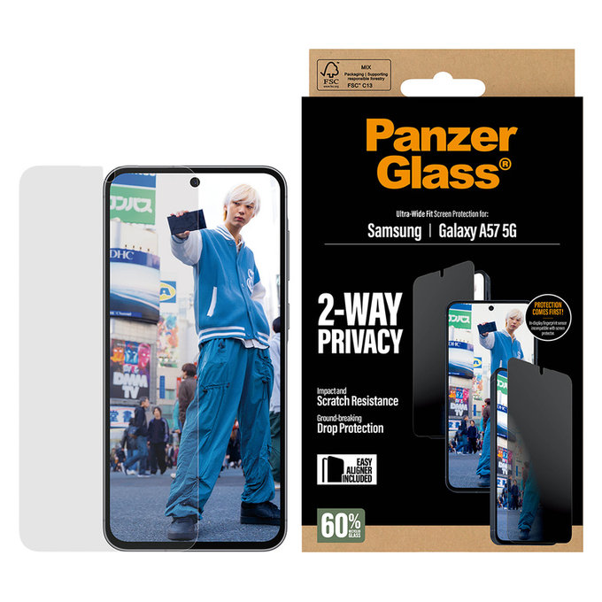 Verre trempé UWF Privacy avec applicateur pour Samsung Galaxy A57, Clair, PanzerGlass