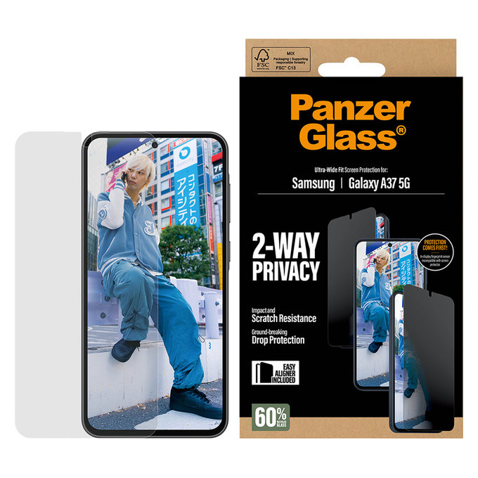 Verre trempé UWF Privacy avec applicateur pour Samsung Galaxy A37, Clair, PanzerGlass