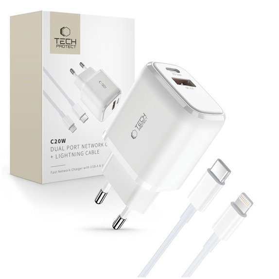Chargeur secteur C20W 2-PORT PD 20W / QC3.0 + Lightning Cable, blanche, Tech-Protect