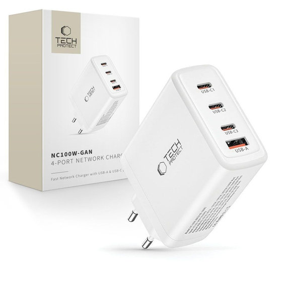 Chargeur secteur NC100W-GAN 4-PORT PD 100W / QC3.0, blanche, Tech-Protect