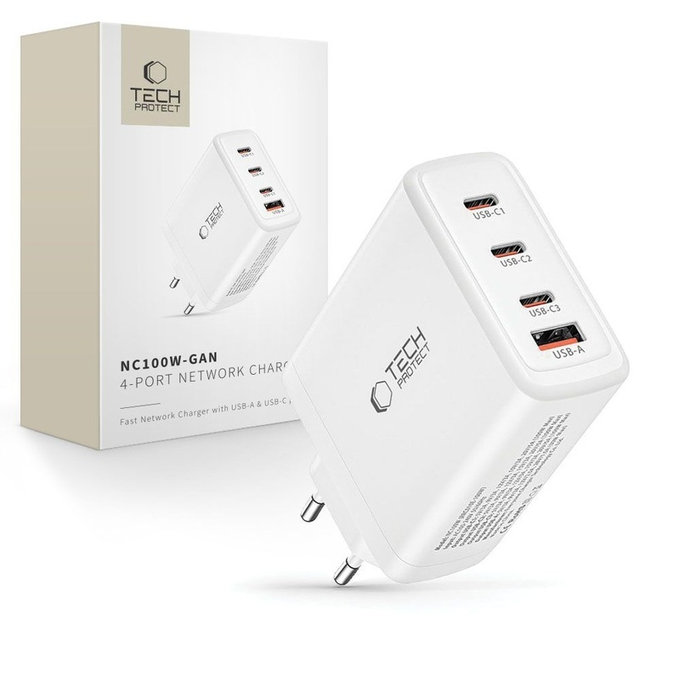 Chargeur secteur NC100W-GAN 4-PORT PD 100W / QC3.0, blanche, Tech-Protect