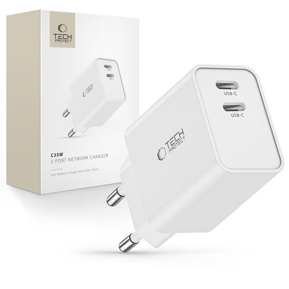 Chargeur secteur C35W 2-PORT PD 35W, blanche, Tech-Protect