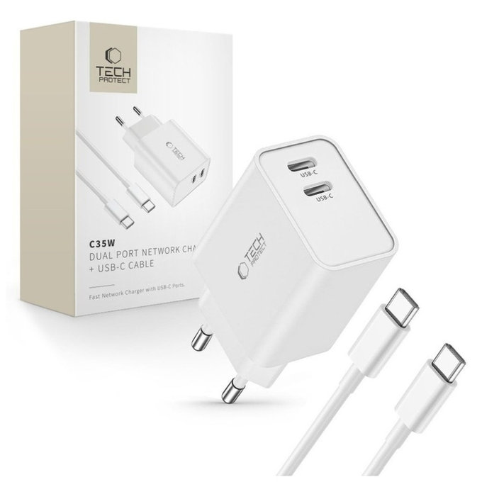Chargeur secteur C35W 2-PORT PD 35W + USB-C Cable, blanche, Tech-Protect