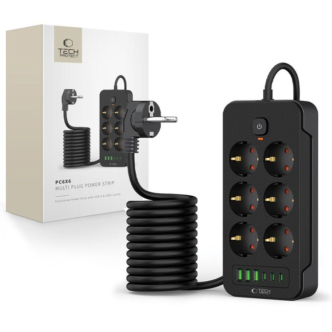 Chargeur secteur PC6X6 Power Strip 3 USB & 3 USB-C & 6 Socket 200cm, noire, Tech-Protect