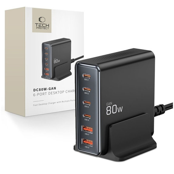 Chargeur secteur DC80W-GAN 6-PORT PD 80W / QC3.0, noire, Tech-Protect