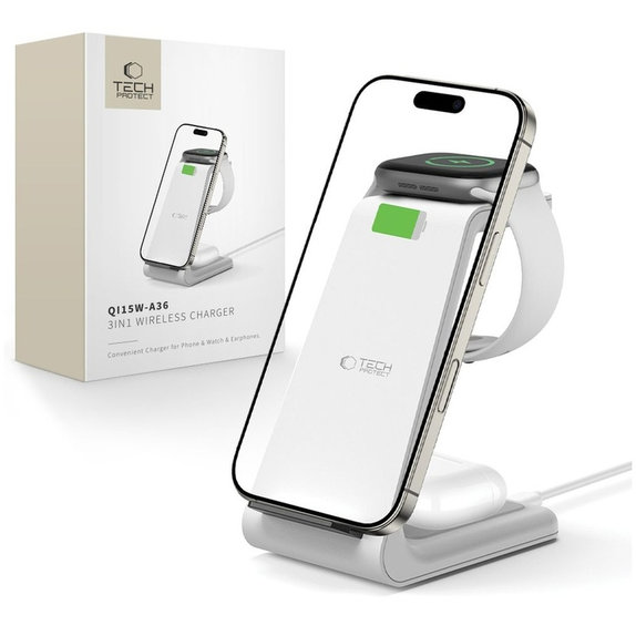 Chargeur sans fil QI15W-A36 3IN1 for Apple, blanche, Tech-Protect