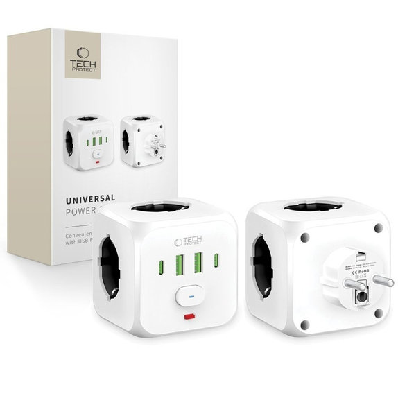 Chargeur secteur PCL3X4 Power Socket 2 USB & 2 USB-C & 3 Socket, blanche, Tech-Protect
