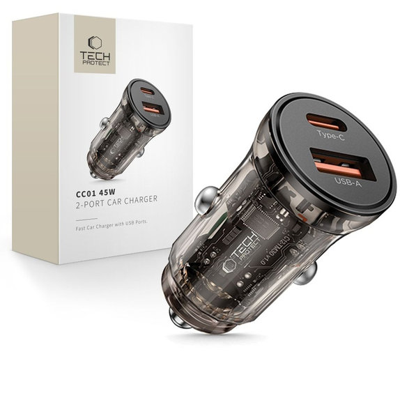 Chargeur voiture CC01 2-PORT PD 45W / QC3.0, noire, Tech-Protect