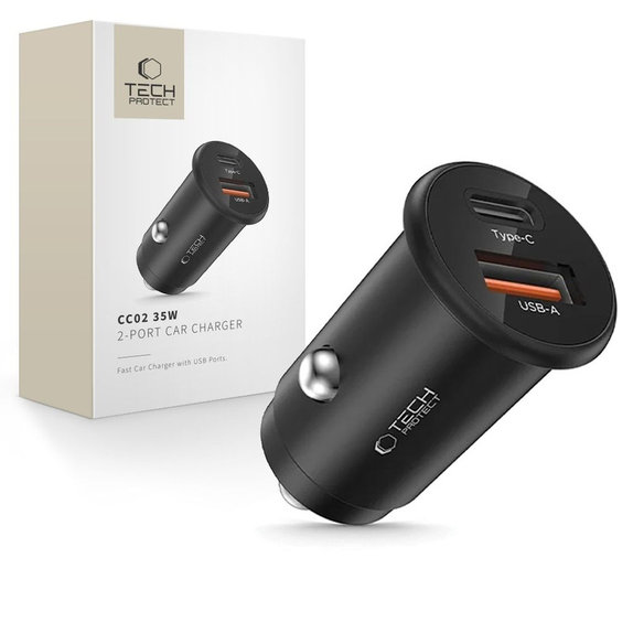 Chargeur voiture CC02 2-PORT PD 35W / QC3.0, noire, Tech-Protect