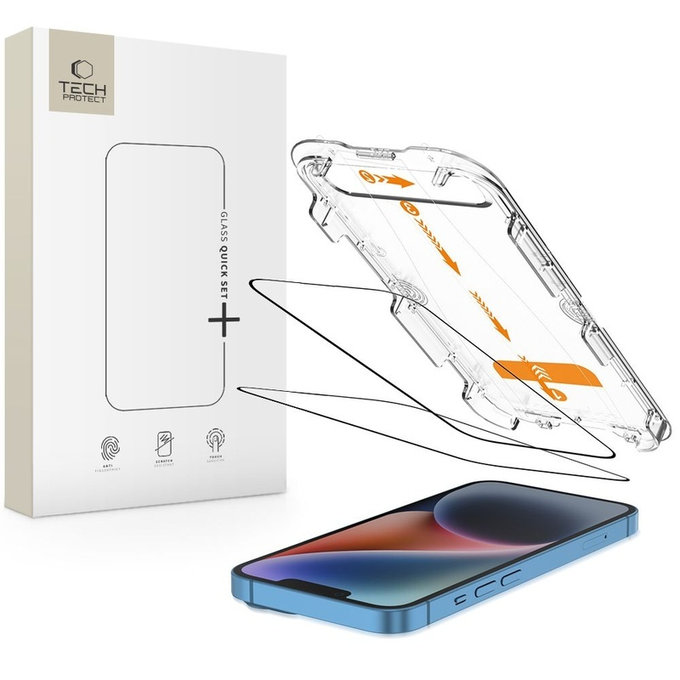 Verre trempé Quick Set+ 2-PACK pour iPhone 13 / 13 Pro / 14 / 16E / 17E, noire, Tech-Protect