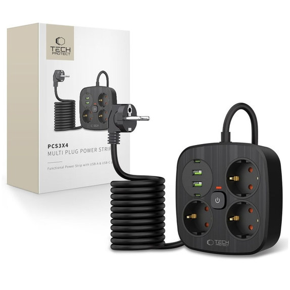 Chargeur secteur PCS3X4 Power Strip 2 USB & 2 USB-C & 3 Socket 200cm, noire, Tech-Protect