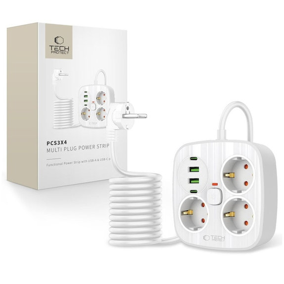 Chargeur secteur PCS3X4 Power Strip 2 USB & 2 USB-C & 3 Socket 200cm, blanche, Tech-Protect