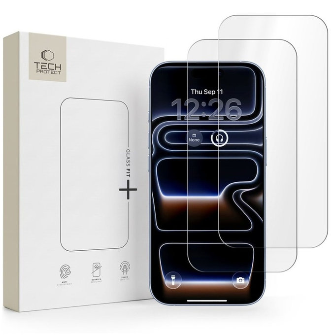 Verre trempé Glass Fit+ 2-PACK pour iPhone 16 Pro / 17 / 17 Pro / 18 Pro, transparente, Tech-Protect