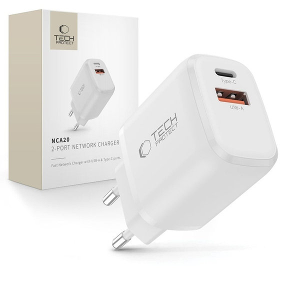 Chargeur secteur NCA20 2-PORT PD 20W / QC3.0, blanche, Tech-Protect