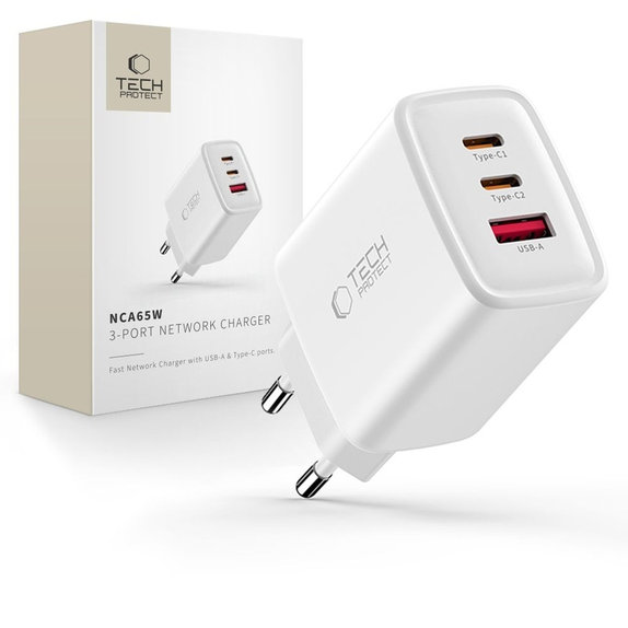 Chargeur secteur NCA65W-GAN 3-PORT PD 65W / QC3.0, blanche, Tech-Protect