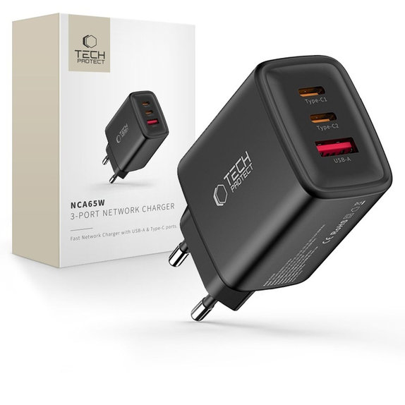 Chargeur secteur NCA65W-GAN 3-PORT PD 65W / QC3.0, noire, Tech-Protect