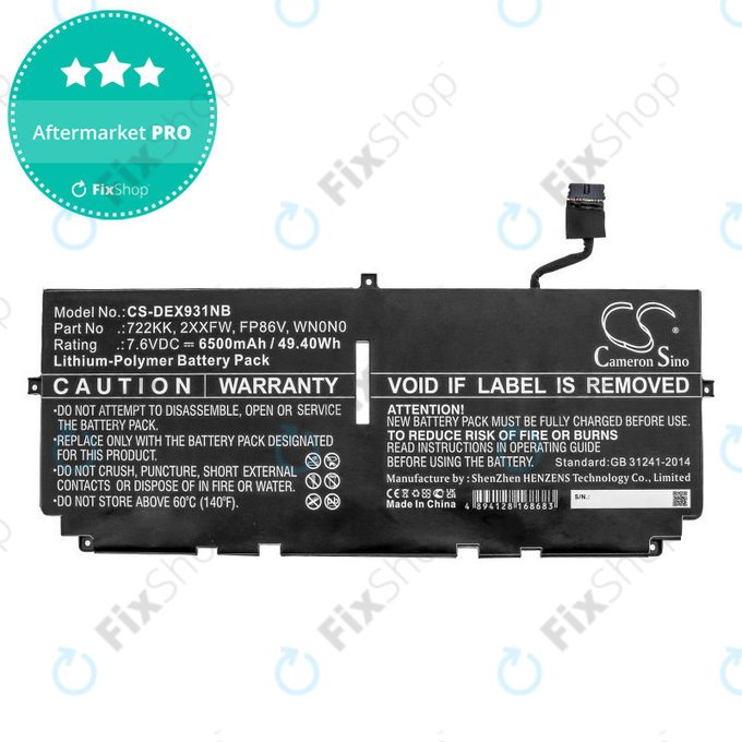 Batterie pour Dell XPS 13 9300, 9380, 9310, 6500mAh, Li-Pol, 7.6V, 2XXFW, HQ