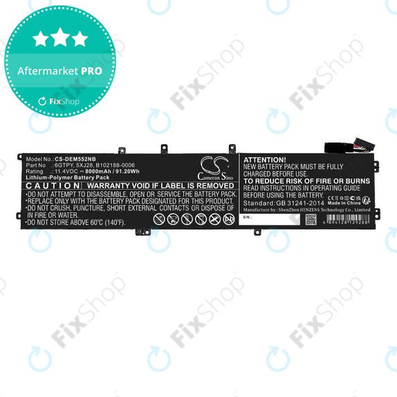 Batterie pour Dell XPS 15, Dell Precision 9560, 9570, 8000mAh, Li-Pol, 11.4V, 6GTPY, HQ