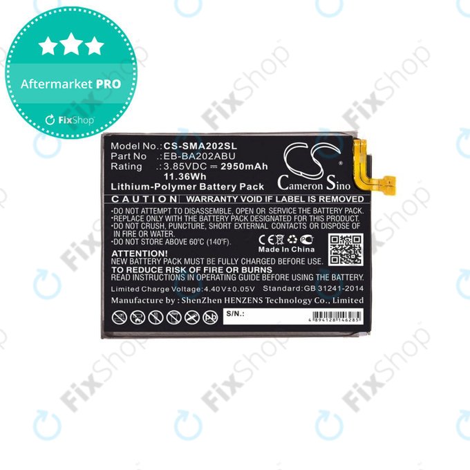 Batterie pour Samsung A10e, A20e A202F, 2950mAh, Li-Pol, 3.85 V, EB-BA202ABU, HQ