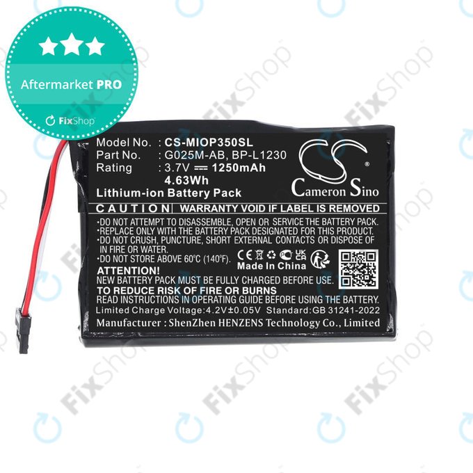 Batterie pour Mitac Mio P350, P550, 1250mAh, Li-Ion, 3.7V, BL-LP1230, HQ