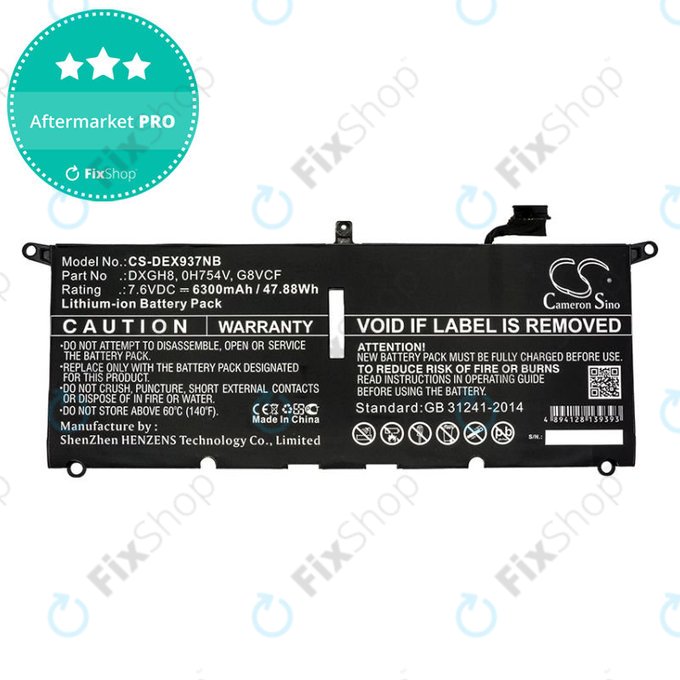 Batterie pour Dell XPS 13 9370, 6300mAh, Li-Ion, 7.6V, DXGH8, HQ