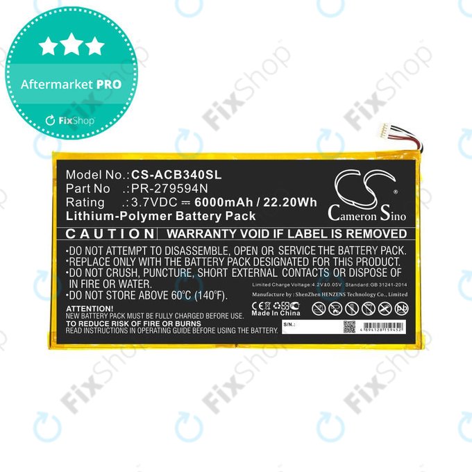 Batterie pour Acer Iconia One 10 B3-A40, 6000mAh, Li-Pol, 3.7V, PR-279594N, HQ