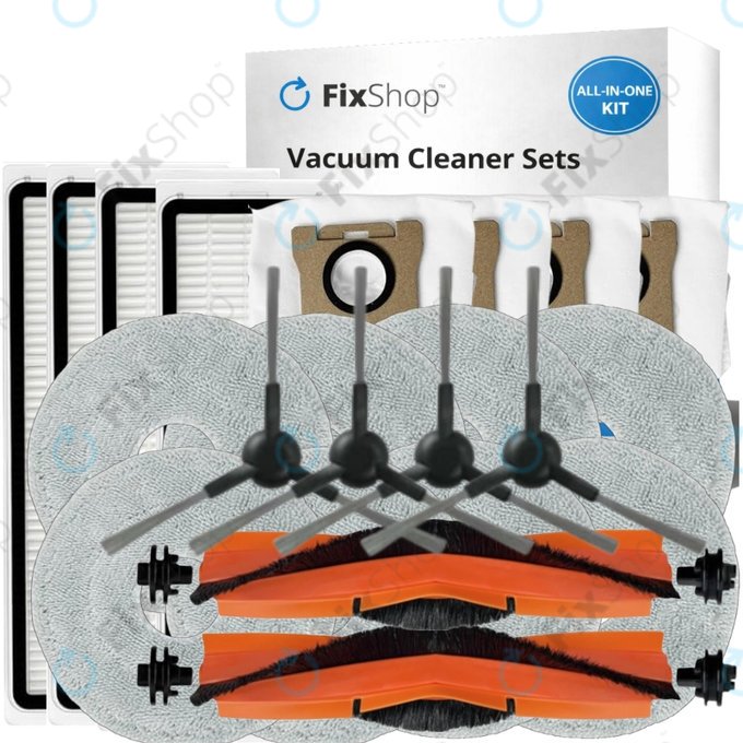 Kit de pièces de rechange pour Xiaomi Mi Robot Vacuum S20+, S10+, X20+, X10+ (2x Brosse principale, 4x Filtre, 4x Brosse latérale – noire, 8x Chiffon de vadrouille, 4x Sac à poussière)