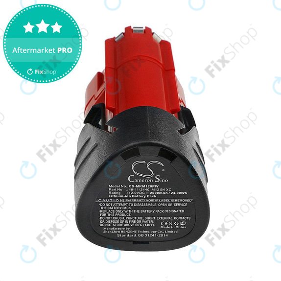 Batterie pour Milwaukee C12, M12, 2000mAh, Li-Ion, 12V, 48-11-2440, HQ