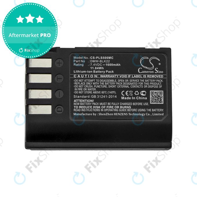 Batterie pour Panasonic Lumix DC-S5, DC-S5K, GH5, G9, GH5S, 1600mAh, Li-Ion, 7.4V, DMW-BLK22, HQ