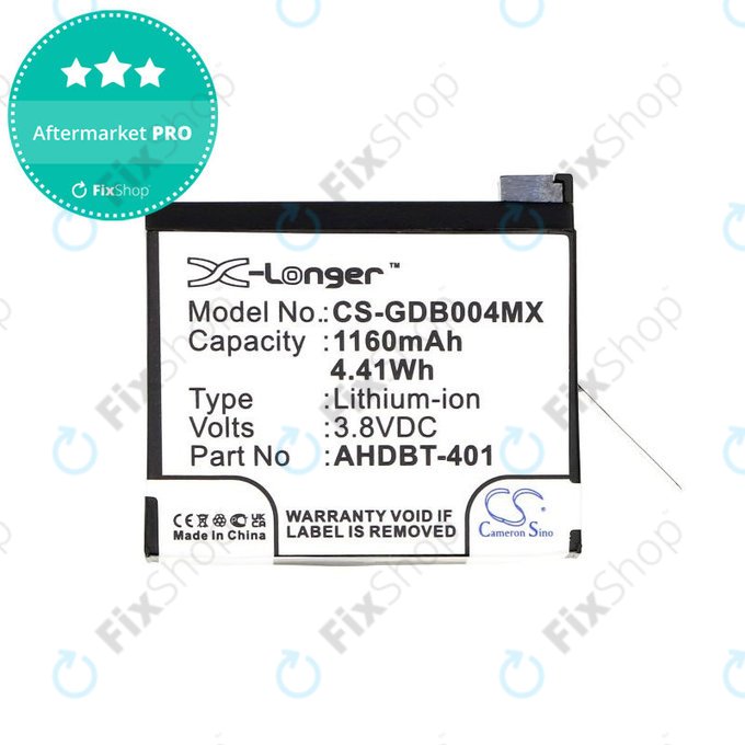 Batterie pour GoPro Hero 4, 1160mAh, Li-Ion, 3.8V, AHDBT-401, HQ