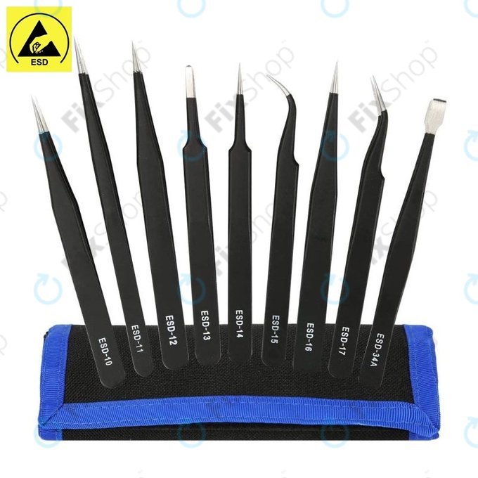 ESD Jeu de pinces à épiler antistatiques en acier inoxydable 9 en 1