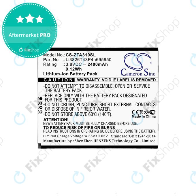 Batterie pour ZTE Blade A3, A5, Optus X Power 2, 2400mAh, Li-Ion, 3.8V, Li3826T43P4h695950, HQ