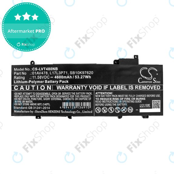 Batterie pour Lenovo ThinkPad T480S, 4600mAh, Li-Pol, 11.58V, 01AV478, HQ