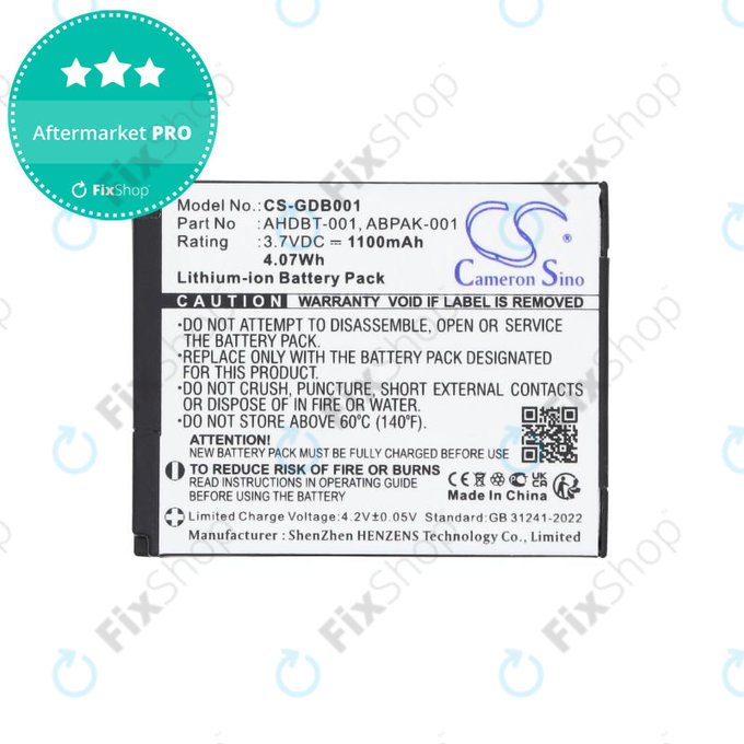 Batterie pour GoPro HD Hero, Hero2, 1100mAh, Li-Ion, 3.7V, AHDBT-001, HQ